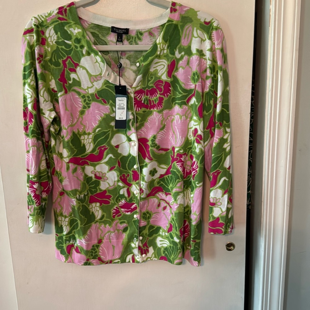 Talbots Green and Pink Floral Cardigan Size L